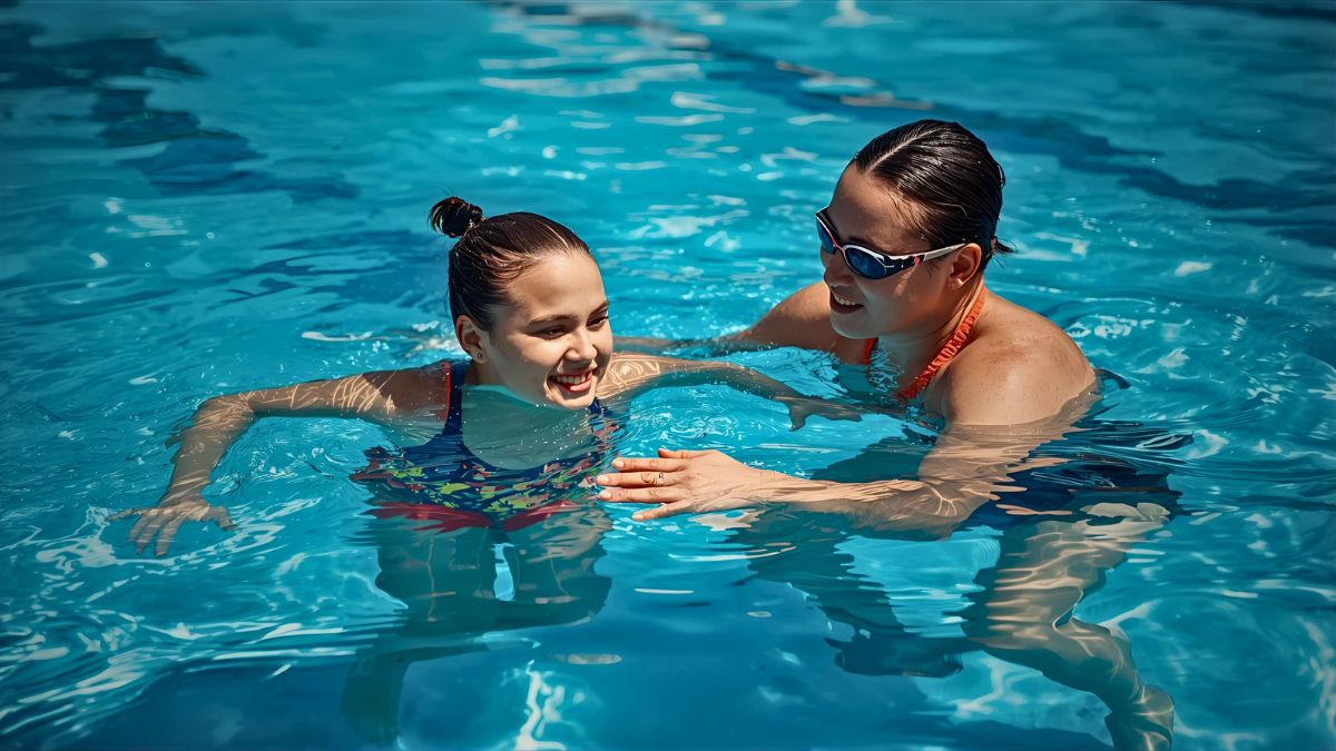 Swimming instructor teaching beginner student in pool with supportive guidance in Costa Rica showing learning to swim lesson and swimming education