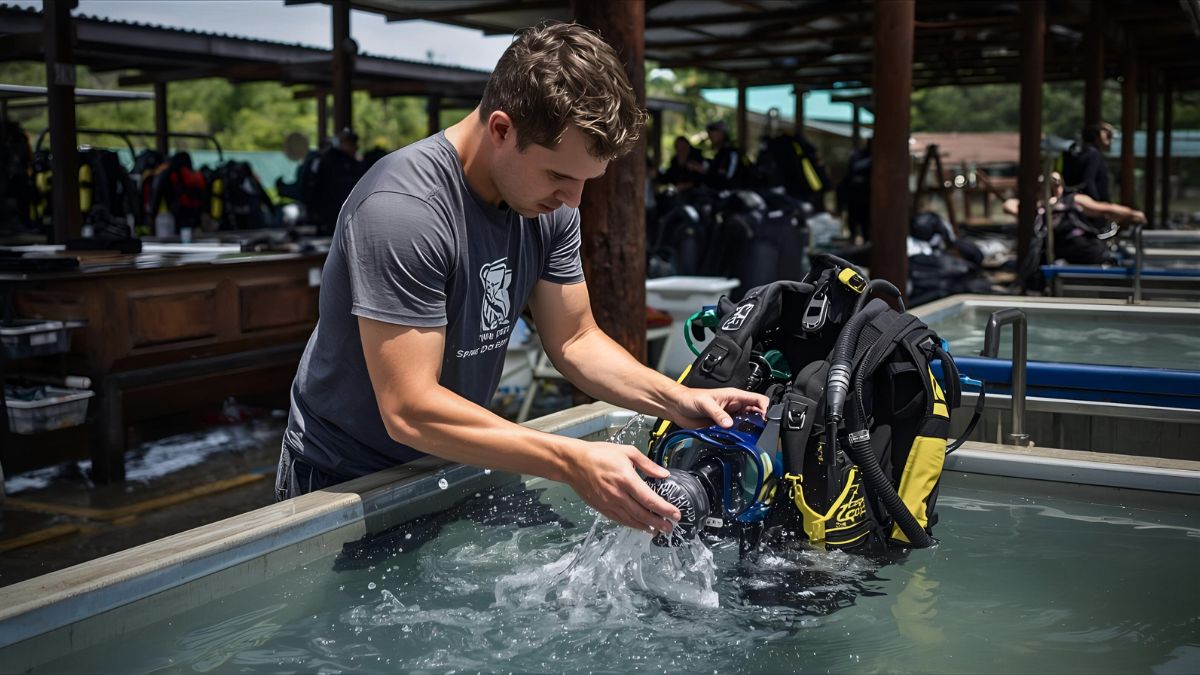 Diver in t-shirt washing scuba diving equipment in rinse tank after dive at Costa Rica dive base showing post-dive gear cleaning maintenance routine