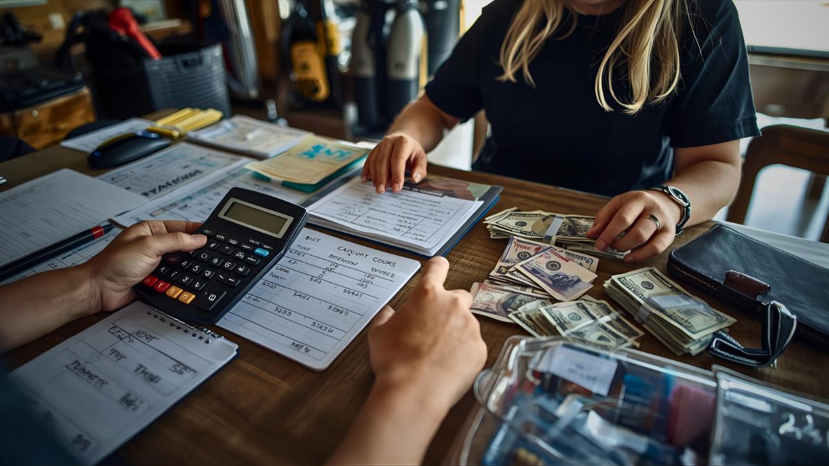 Person calculating scuba diving costs with calculator notepad and equipment price tags at table in Costa Rica showing diving budget planning and expenses