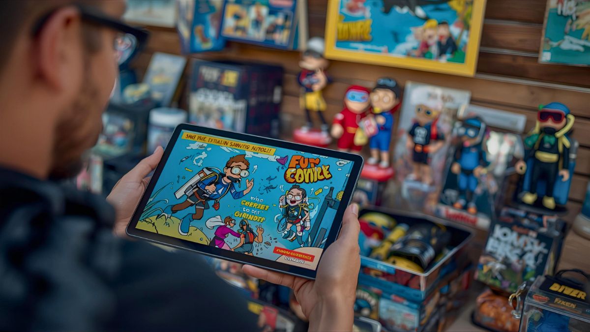 Person enjoying scuba diving cartoon on tablet surrounded by diving-themed pop culture collectibles and comic books in Costa Rica showing diving in entertainment media