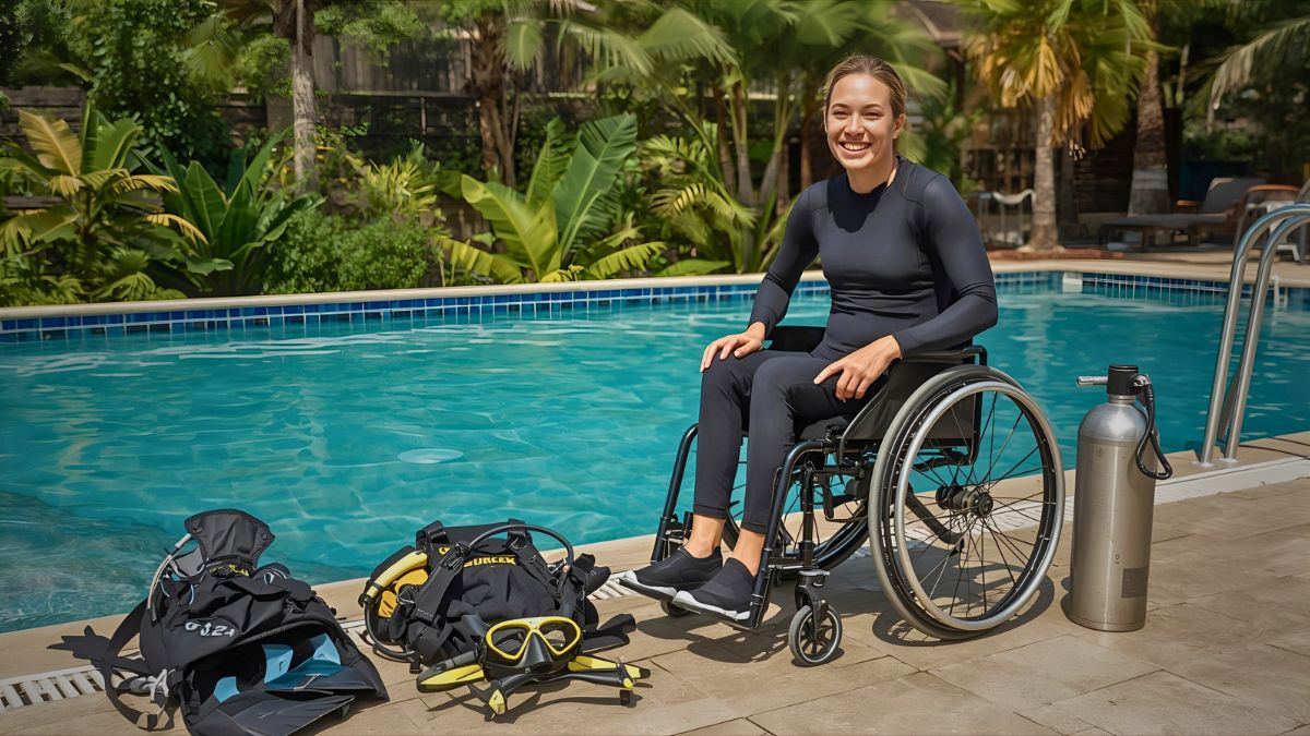 Happy person in wheelchair wearing wetsuit by pool with scuba diving equipment beside showing accessible adaptive diving preparation in Costa Rica