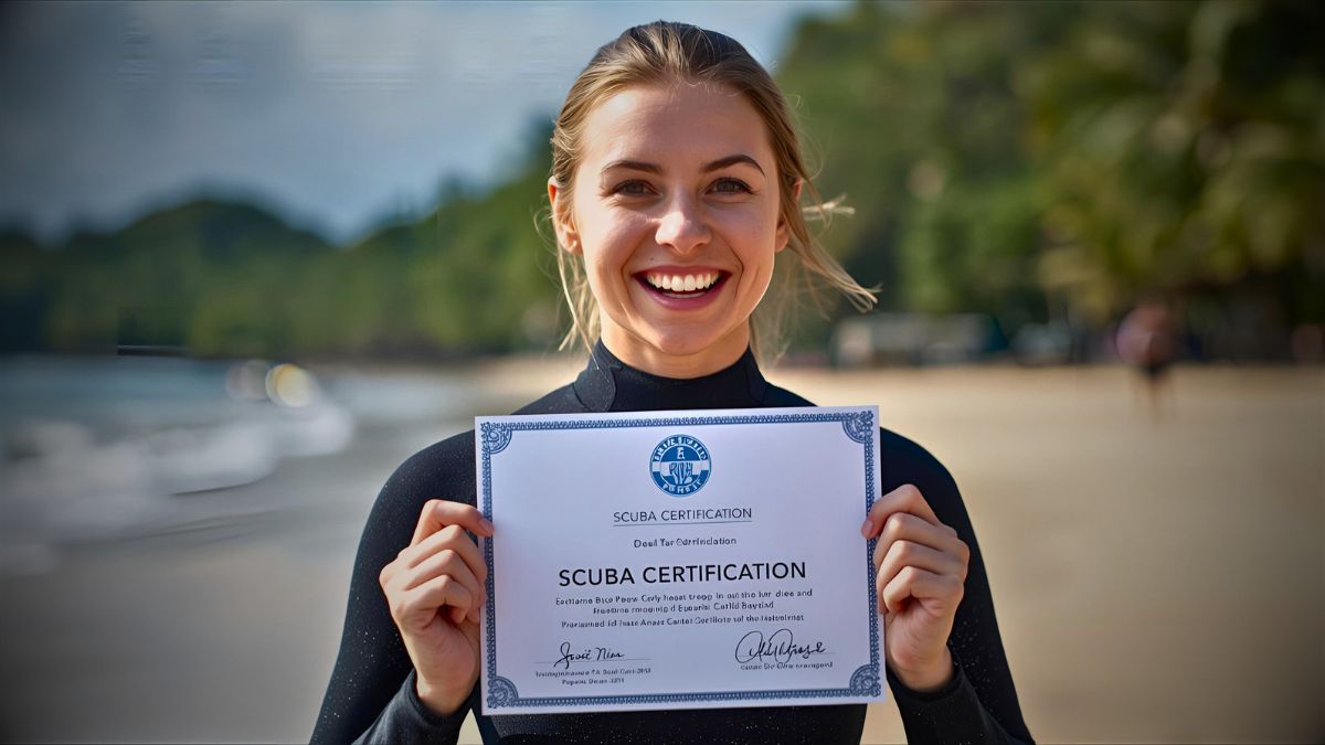 Happy diver in wetsuit holding scuba diving certification paper with both hands showing it to camera celebrating achievement in Costa Rica