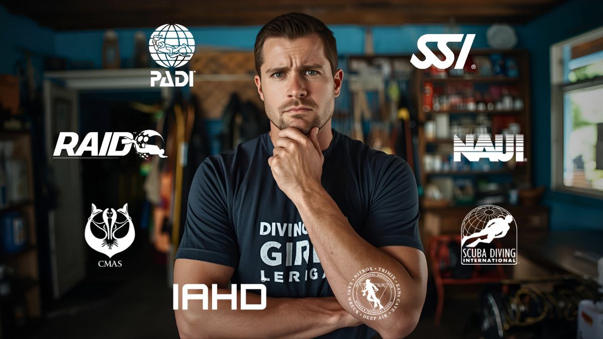 Person standing facing camera with serious contemplative expression and thoughtful pose showing dilemma about choosing diving organization in Costa Rica dive shop