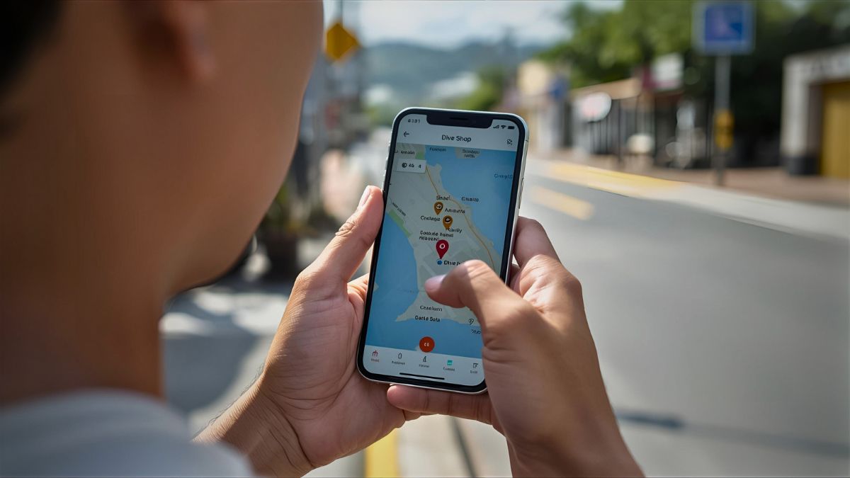 Traveler using smartphone with maps app to search for nearest dive shop location in Costa Rica showing GPS navigation and dive center finder