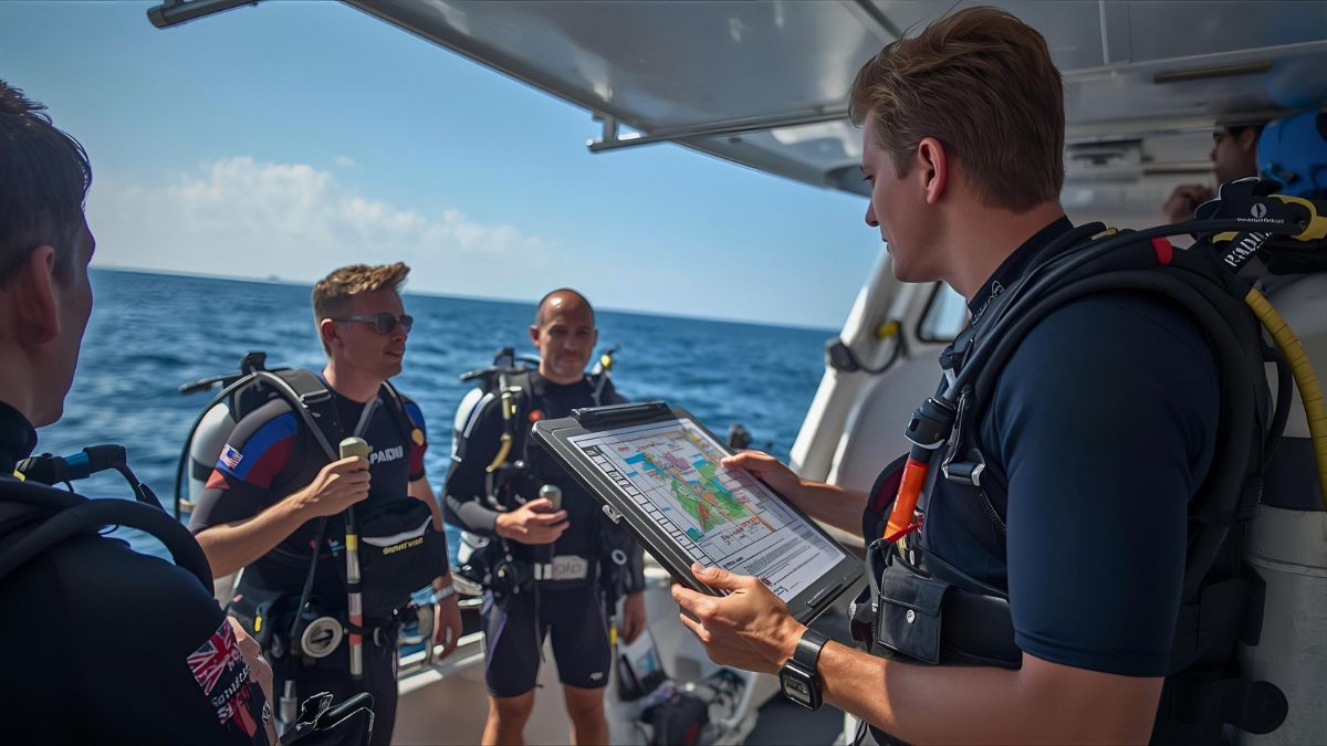 PADI divemaster candidate in uniform leading professional dive briefing to group on boat in Costa Rica demonstrating leadership skills during career training course