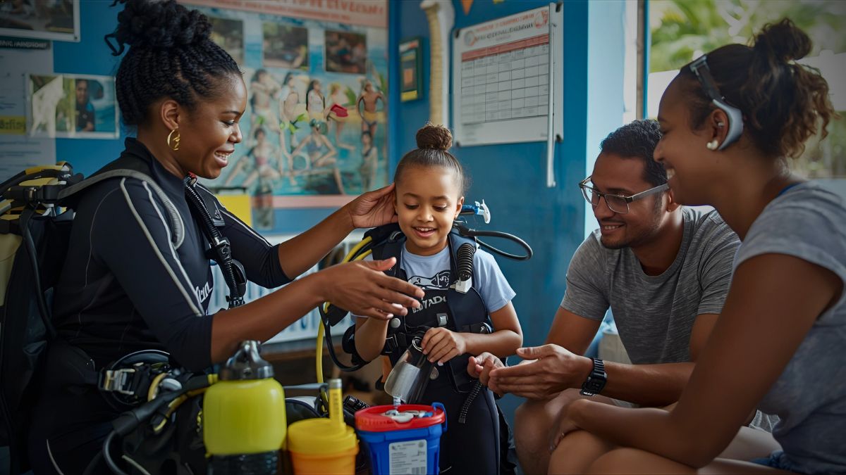 Dive instructor showing child-sized scuba equipment to excited young child and parents at Costa Rica dive center discussing minimum diving age requirements
