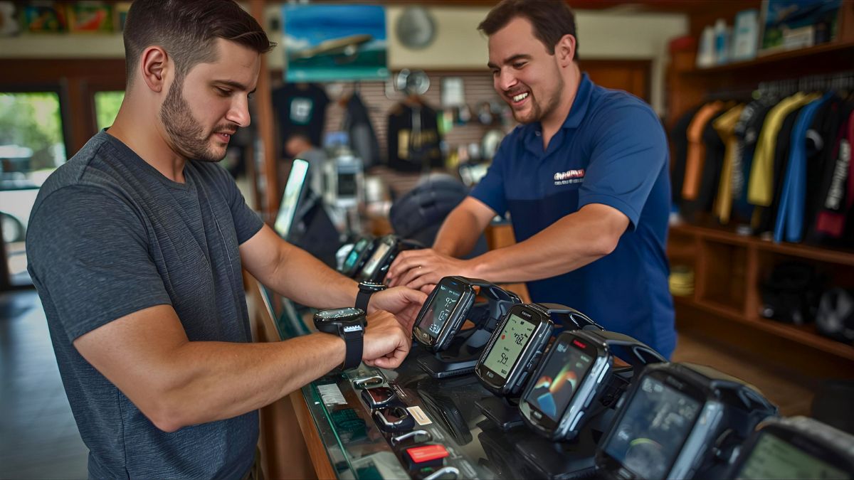 Customer in casual clothes trying on dive computer watches with sales associate helping at Costa Rica dive shop showing beginner dive computer selection process