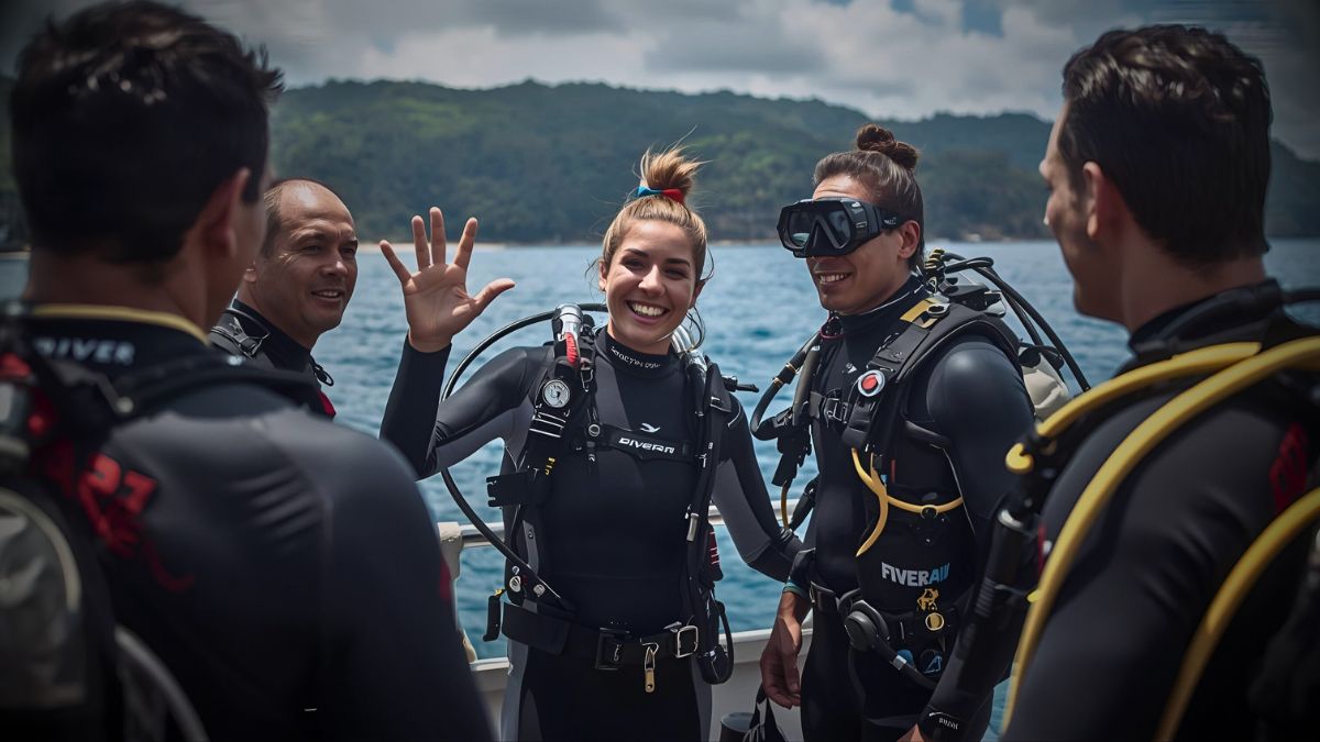 Dive guide on boat demonstrating underwater hand signals to group of scuba divers during pre-dive briefing in Costa Rica showing diving communication gestures
