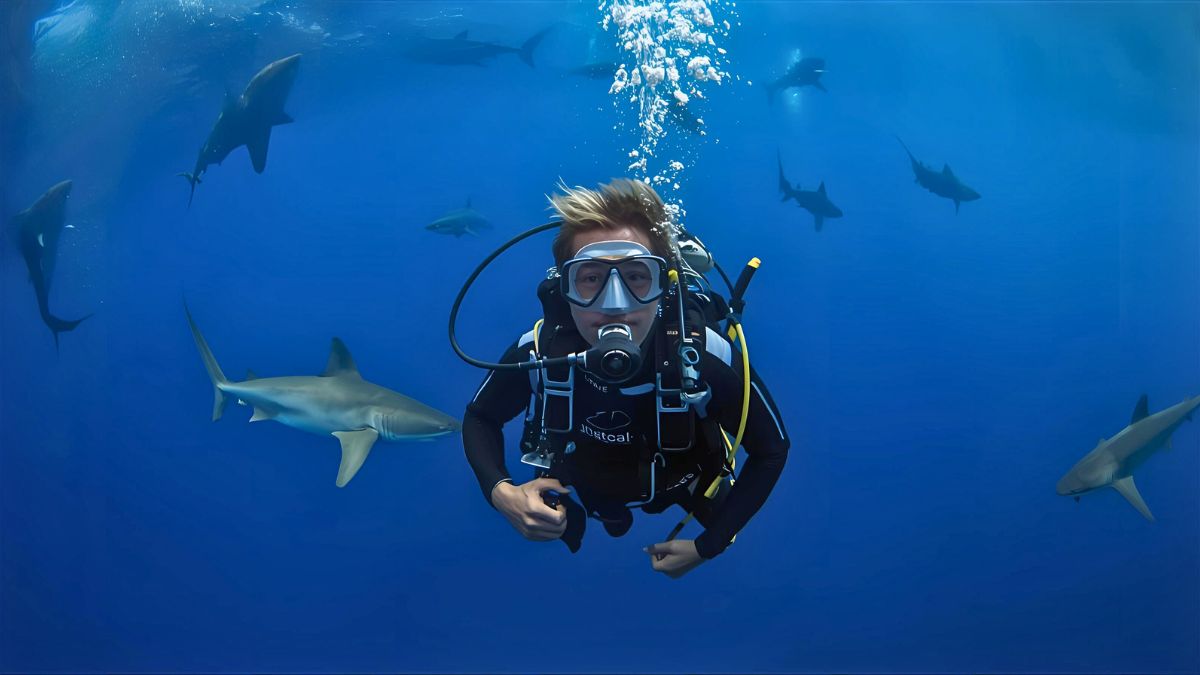 Scuba diver with regulator in mouth swimming calmly with multiple sharks in crystal clear Costa Rica waters showing thrilling shark diving experience