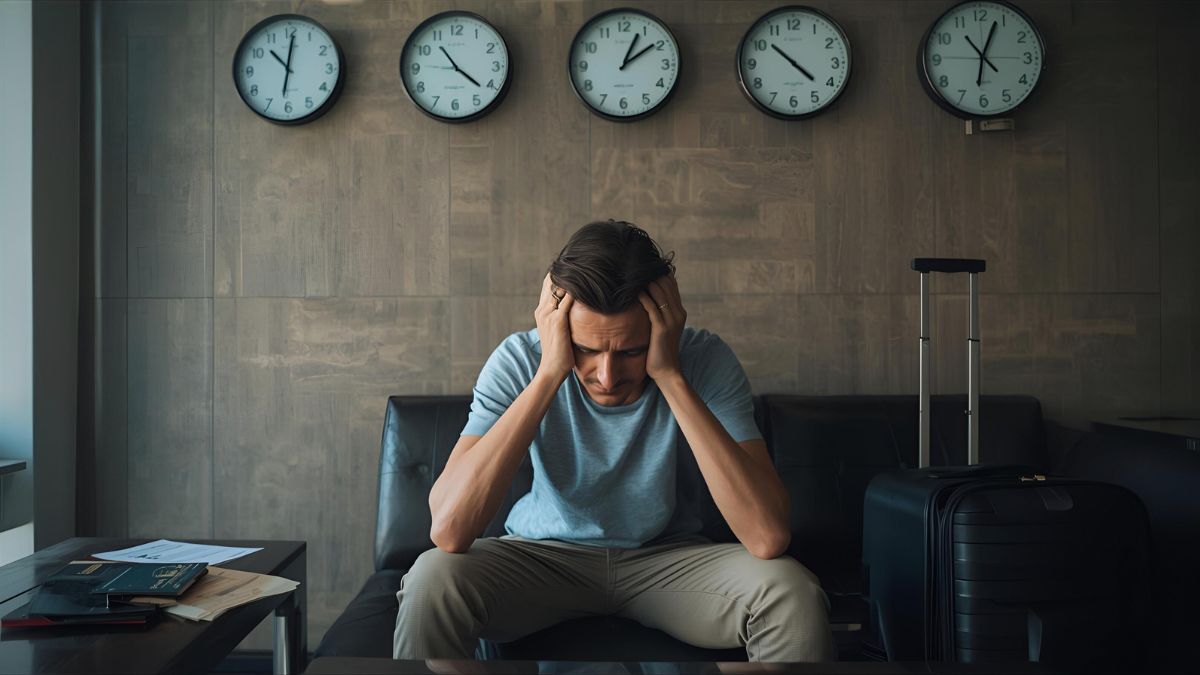 Exhausted international traveler suffering from jet lag and time zone confusion in Costa Rica airport showing fatigue and disorientation with multiple time zone clocks visible