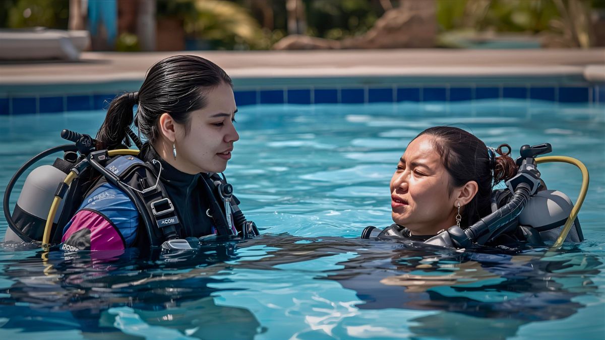 Dive instructor demonstrating to nervous person in shallow pool that scuba diving with BCD flotation is different from swimming in reassuring Costa Rica lesson