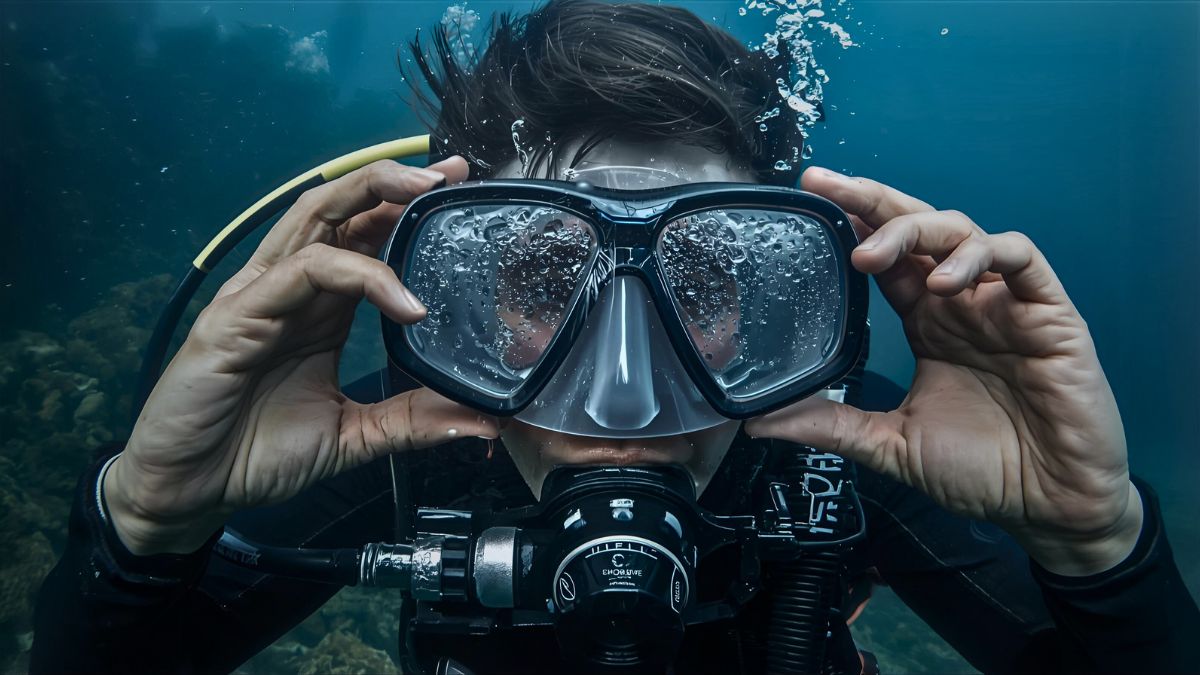Frustrated diver with regulator in mouth adjusting leaking fogged scuba mask with eyes partially visible through condensation underwater showing diving equipment problems in Costa Rica