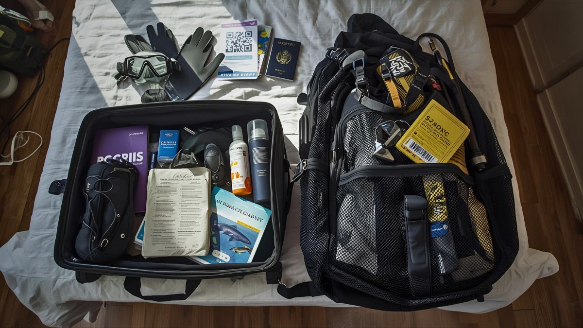Diver at home checking and organizing scuba diving equipment surrounded by gear making checklist before diving trip showing travel preparation and packing planning