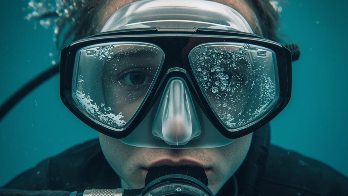 Why Does My Dive Mask Leak? 4 Common Reasons and How to Fix Them » Costa Rica Divers Scuba diver experiencing leaking dive mask underwater with water trickling into mask during reef dive