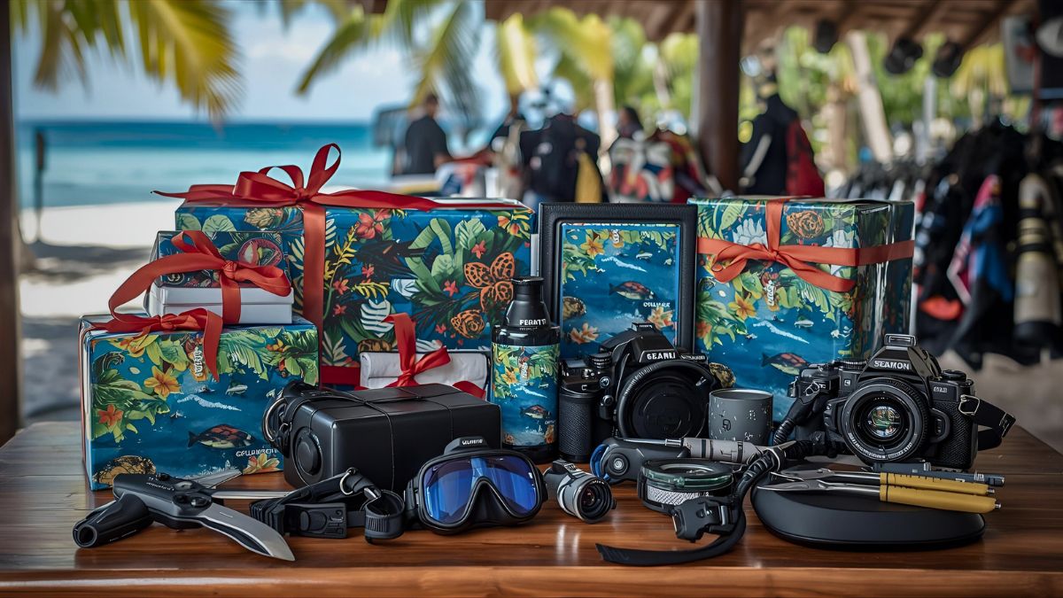 Beautiful display of scuba diving gifts including dive computer camera and accessories arranged for gift giving in Costa Rica showing perfect presents for divers