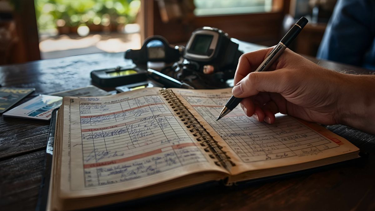 Diver filling out traditional paper dive logbook with pen at table in Costa Rica dive center with certification cards and dive computer nearby