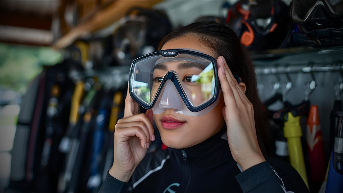 Diver testing scuba diving mask fit by pressing underwater mask against face to check seal in Costa Rica dive shop demonstrating proper mask selection technique