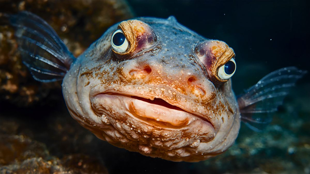 Close-up of blobfish or anglerfish showing bizarre unusual features demonstrating world's ugliest fish in underwater marine biology photography