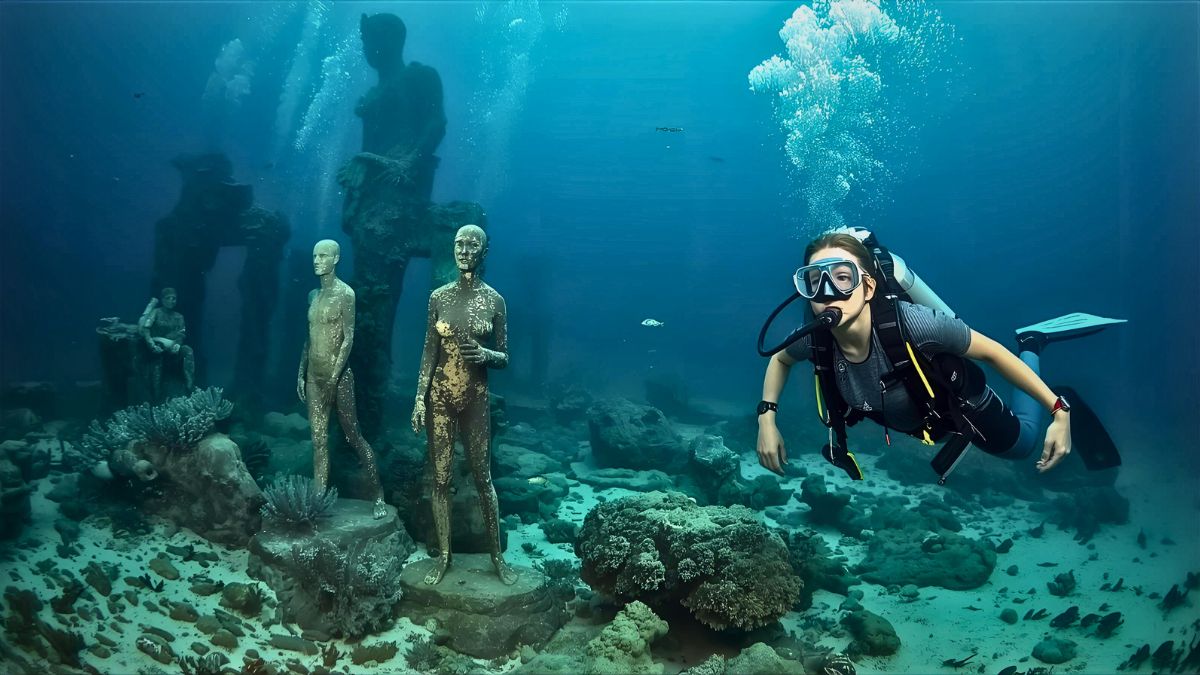 Scuba diver exploring underwater sculpture museum with human statues covered in coral and marine life showing unique submerged art gallery diving destination