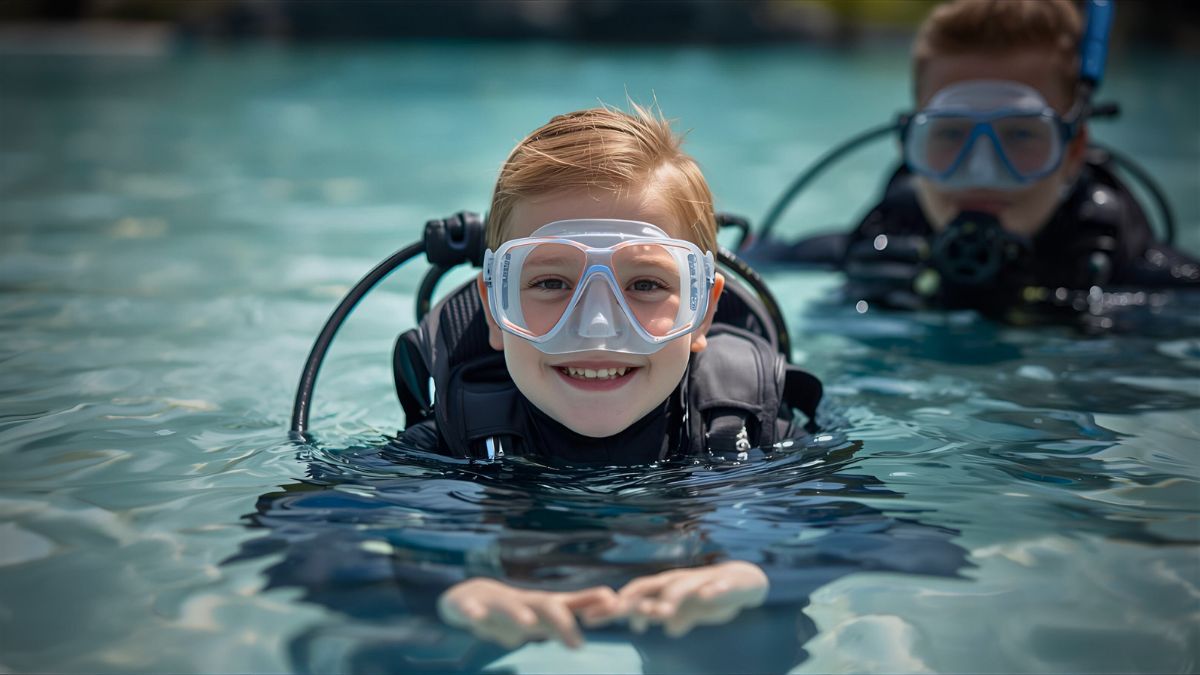 Happy child scuba diver with properly fitted equipment supervised by instructor in safe shallow water Costa Rica showing kids diving introduction