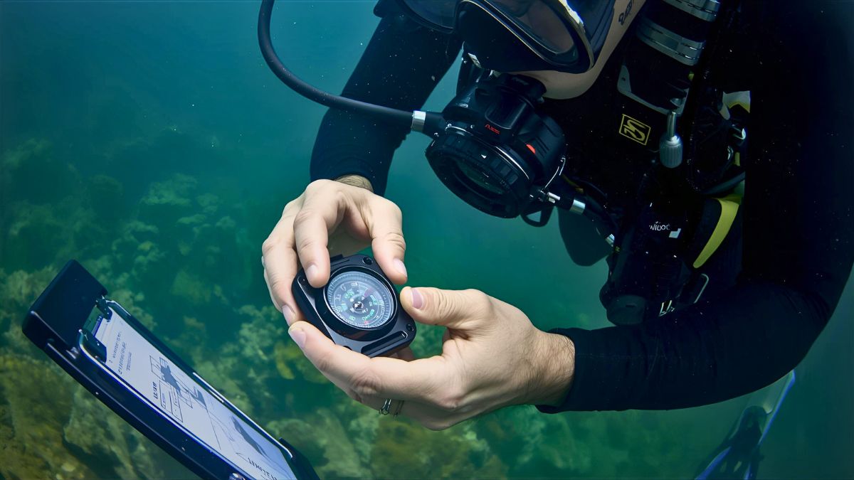 Scuba diver checking underwater compass while navigating with dive slate showing navigation plan in Costa Rica demonstrating technical diving skills