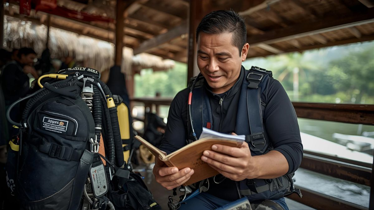 Diver reviewing old diving equipment and logbook after years away from diving in Costa Rica showing return to scuba diving after long break