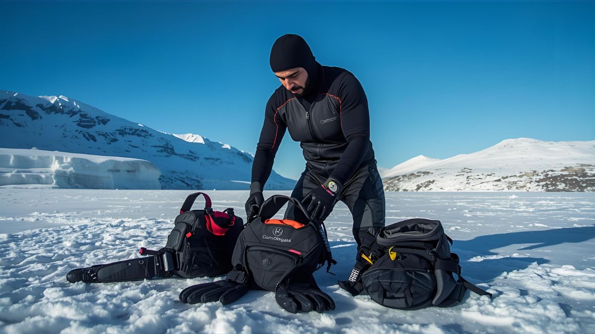 Scuba diver in thermal protection exploring stunning kelp forest with cold water marine life in northern temperate ocean waters