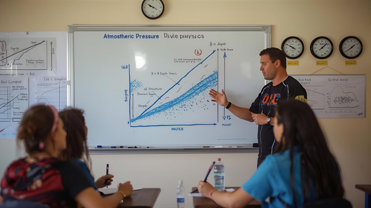 Dive instructor teaching atmospheric pressure physics at whiteboard with pressure diagrams and depth charts in Costa Rica dive theory classroom
