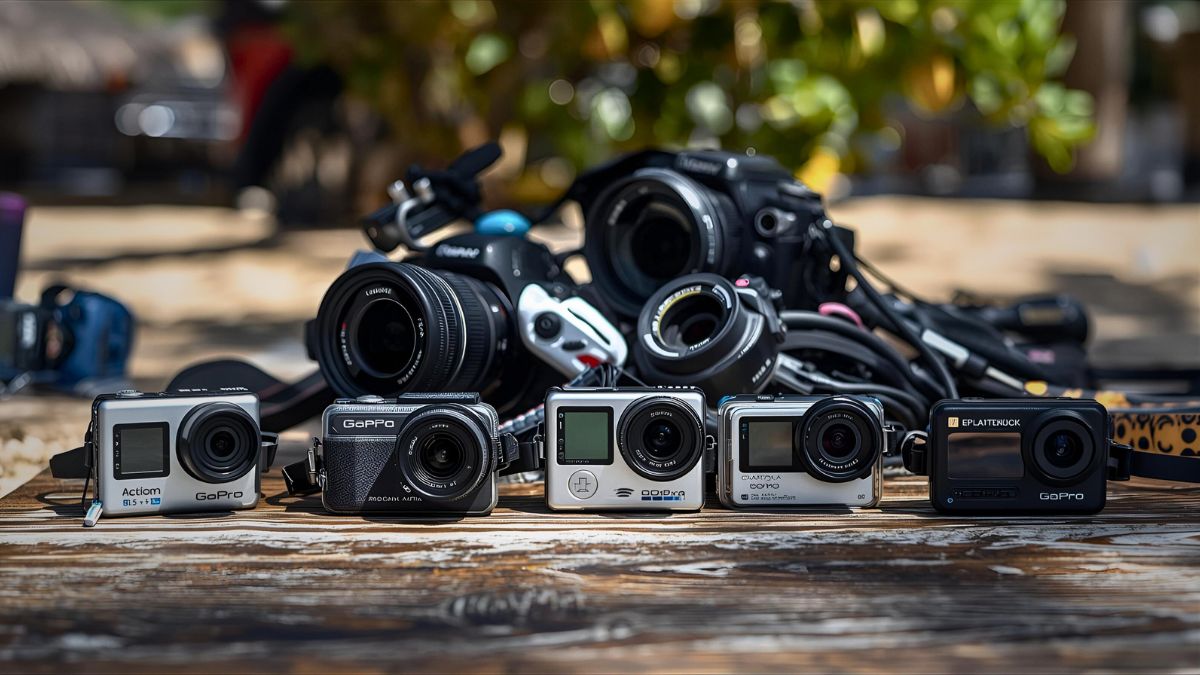 Multiple affordable underwater cameras and action cameras displayed showing budget-friendly options for underwater photography in Costa Rica
