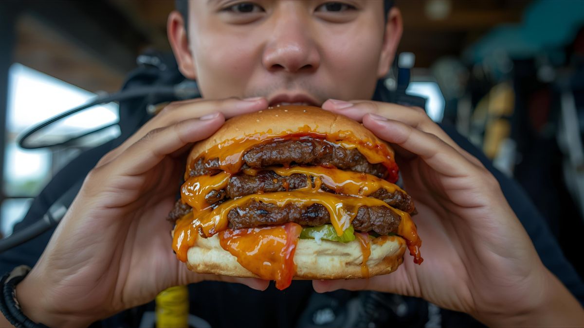 Front view of person holding large greasy burger in both hands showing unhealthy food choice before scuba diving in Costa Rica