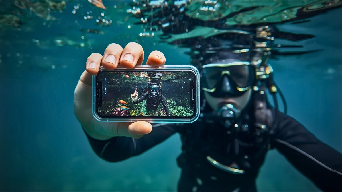 Diver holding smartphone in waterproof underwater housing case photographing tropical fish in crystal clear Costa Rican waters
