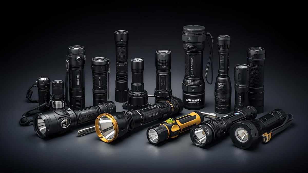 Collection of various diving flashlights and underwater torches in different sizes displayed showing dive light equipment options and comparison