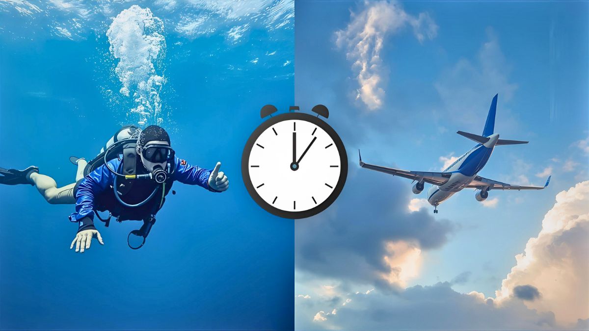 Split image showing scuba diver underwater and airplane in sky with clock between illustrating safe waiting time between diving and flying