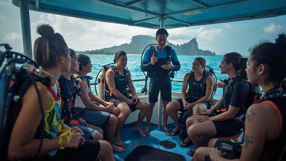 Professional dive instructor teaching students on dive boat in Costa Rica demonstrating career diving job and making money from diving profession