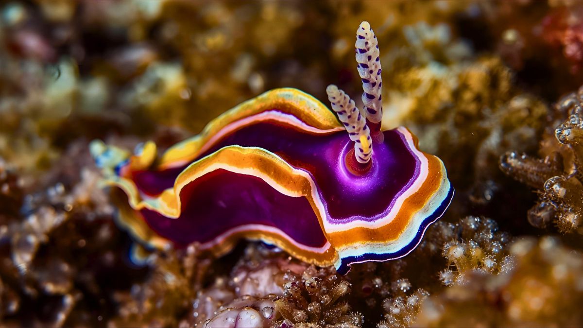 Colorful vibrant nudibranch sea slug with intricate patterns and bright colors showing delicate gills in Costa Rica coral reef macro underwater photography
