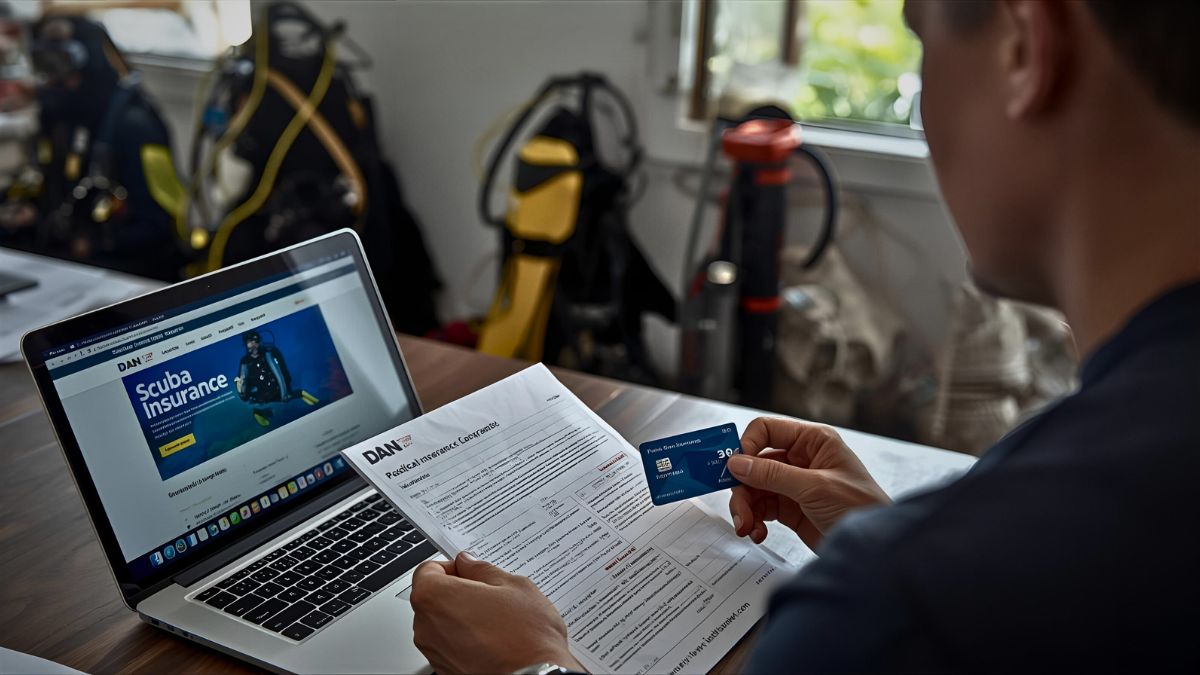 Diver reviewing scuba diving insurance documents and DAN membership card at desk with laptop showing coverage options in Costa Rica dive center