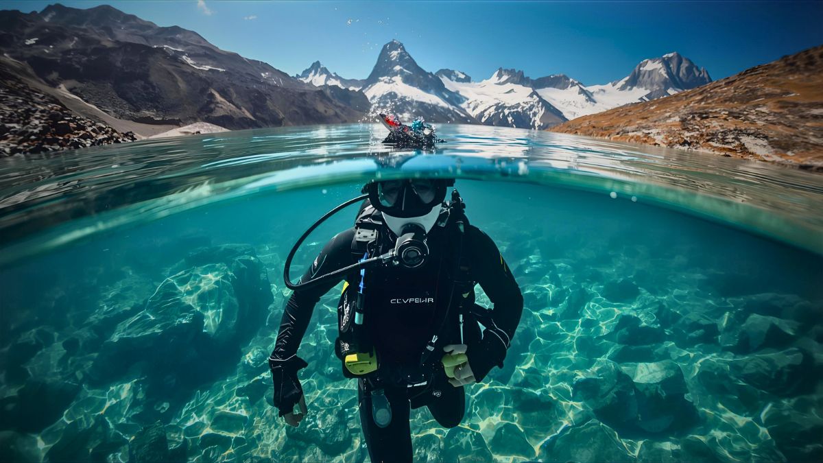 Scuba diver in pristine mountain lake at high altitude with dramatic mountain peaks visible above water demonstrating altitude diving specialty