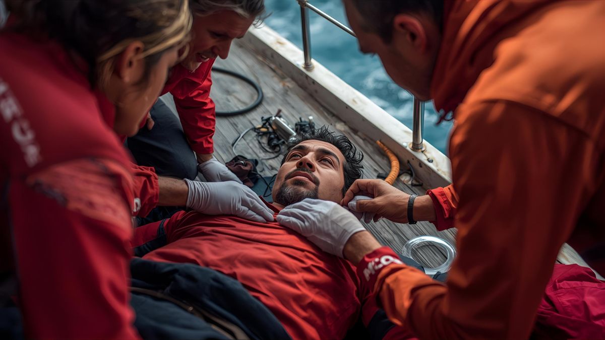 Diver receiving emergency oxygen therapy on dive boat showing decompression illness symptoms while instructor provides first aid in Costa Rica