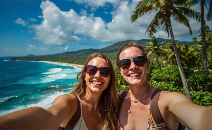 Happy tourists enjoying perfect sunny weather and ideal travel conditions in Costa Rica tropical paradise during best season to visit