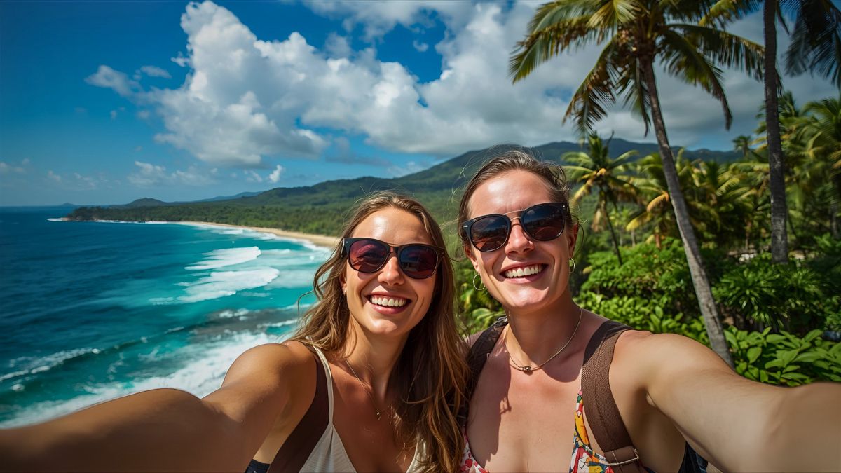 Happy tourists enjoying perfect sunny weather and ideal travel conditions in Costa Rica tropical paradise during best season to visit