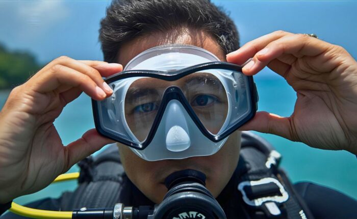 Scuba diver adjusting prescription diving mask in Costa Rica showing vision correction solution for divers who wear glasses or contacts