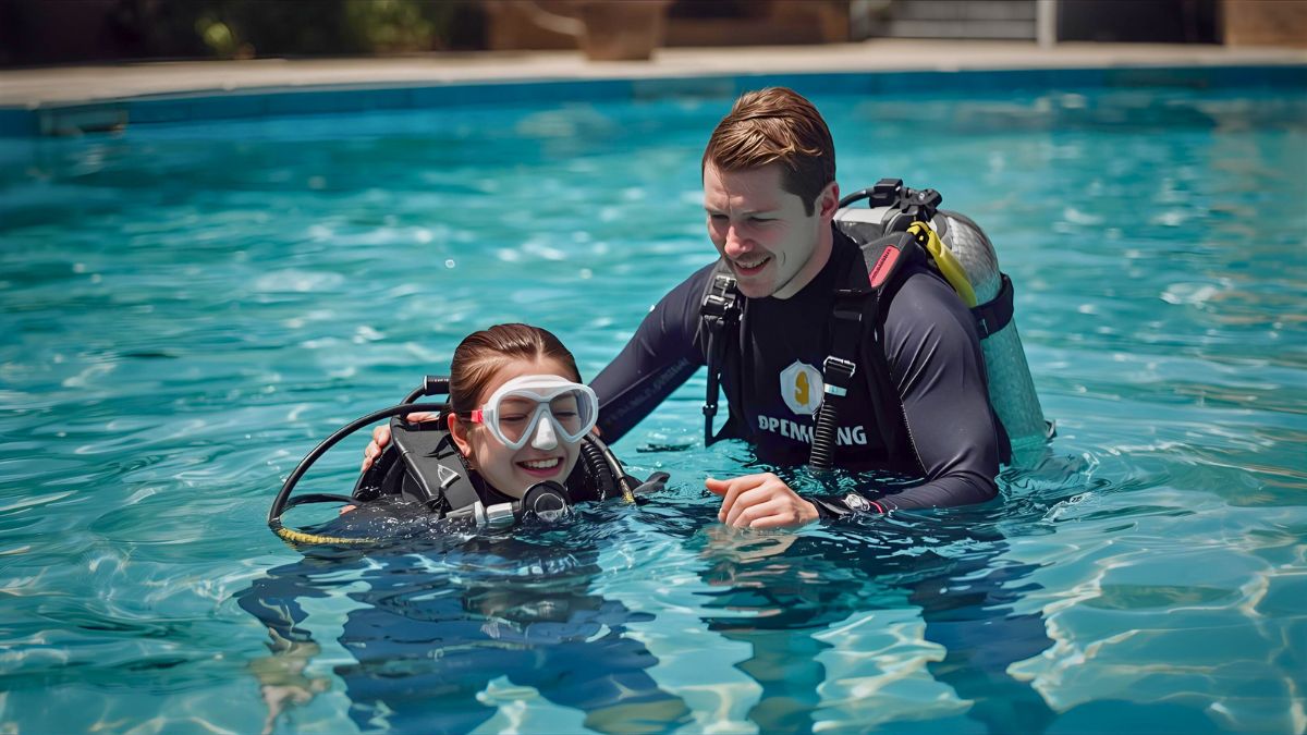 Patient scuba instructor supporting nervous beginner non-swimmer in shallow water during safe controlled diving lesson in Costa Rica