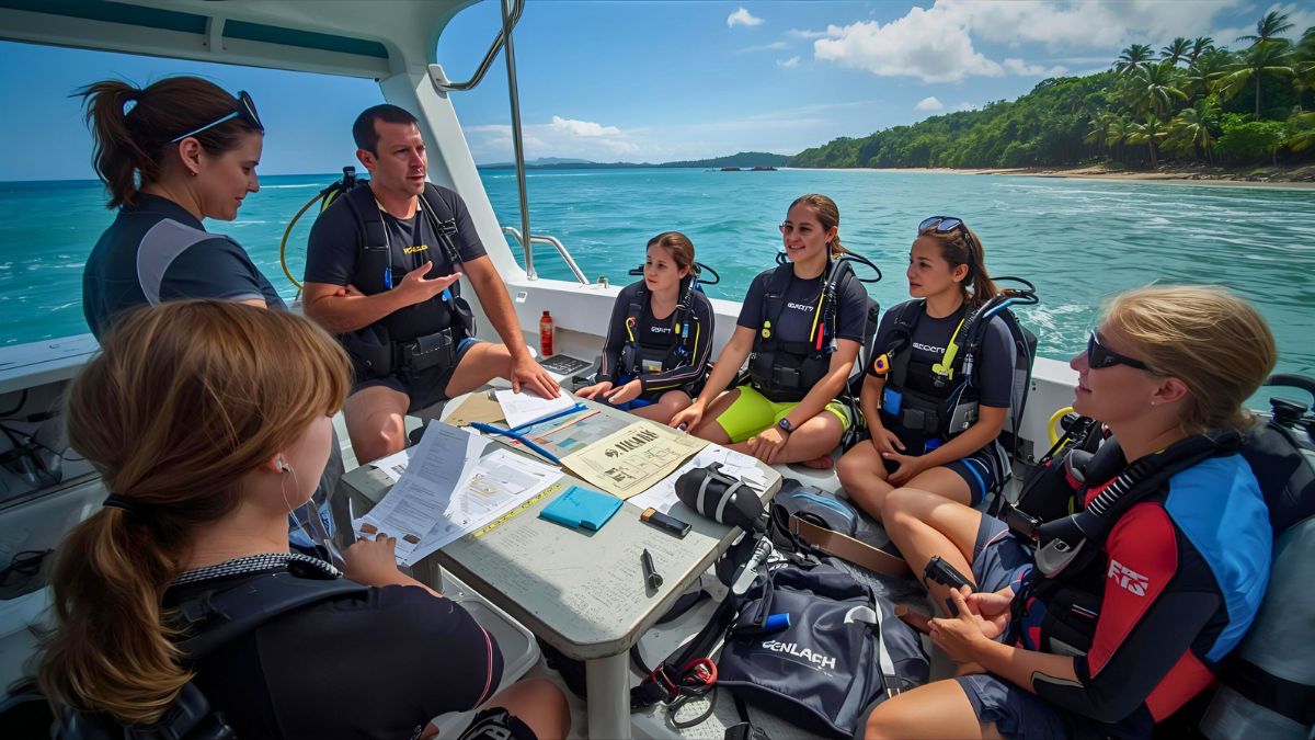 PADI instructor at table explaining scuba diving equipment and procedures to two students during training session in Costa Rica