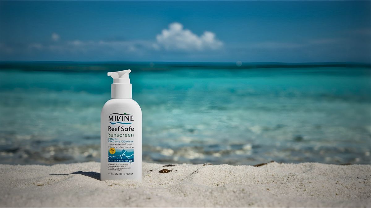 Eco-friendly reef safe sunscreen on Costa Rica beach with healthy coral reef in clear water demonstrating ocean conservation and sustainable tourism