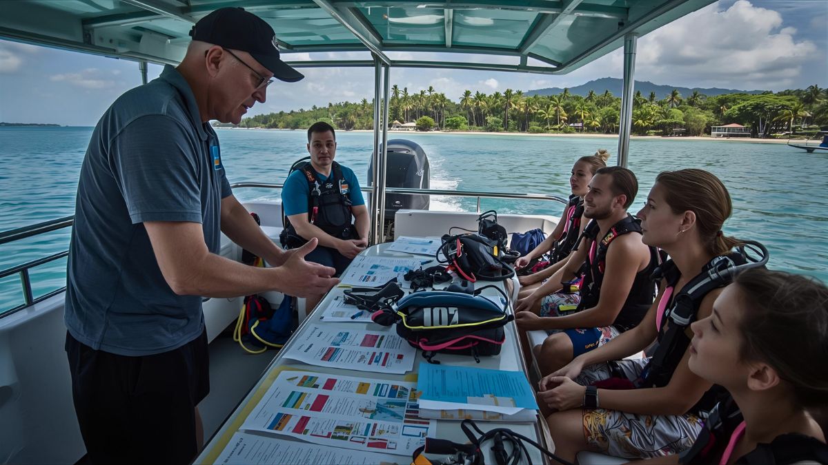 Scuba diving instructor teaching students essential diving facts with equipment displayed on boat in Costa Rica educational setting