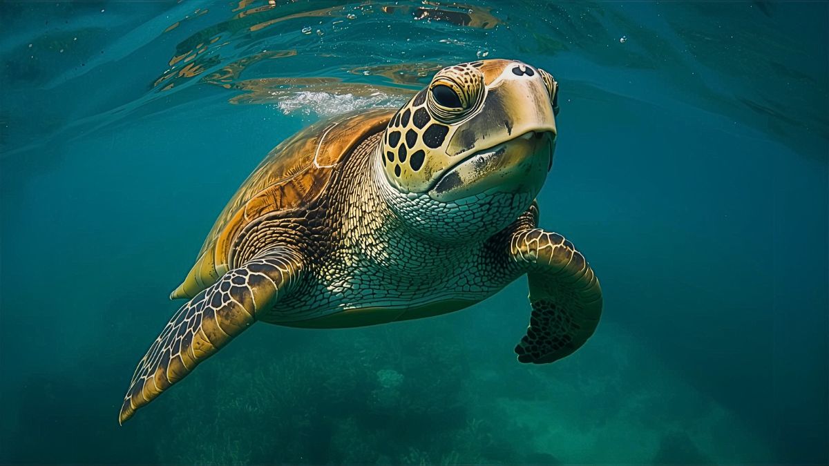 Green sea turtle swimming in crystal clear Costa Rican waters showing detailed shell and natural underwater behavior