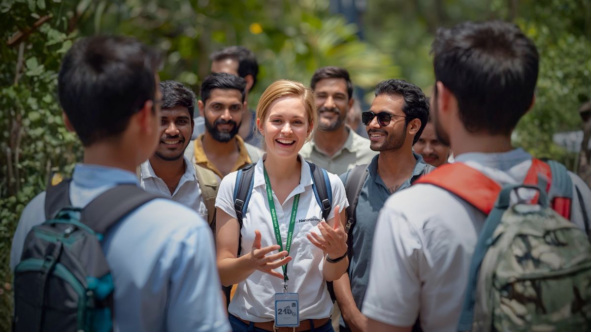 Professional tour guide with happy tourist group in Costa Rica tropical setting demonstrating quality tour operator service and customer satisfaction