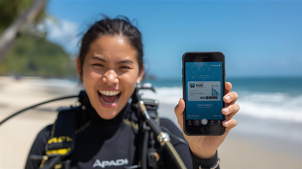 Scuba diver displaying PADI digital certification eCard on smartphone at tropical Costa Rica beach showing convenient electronic certification option