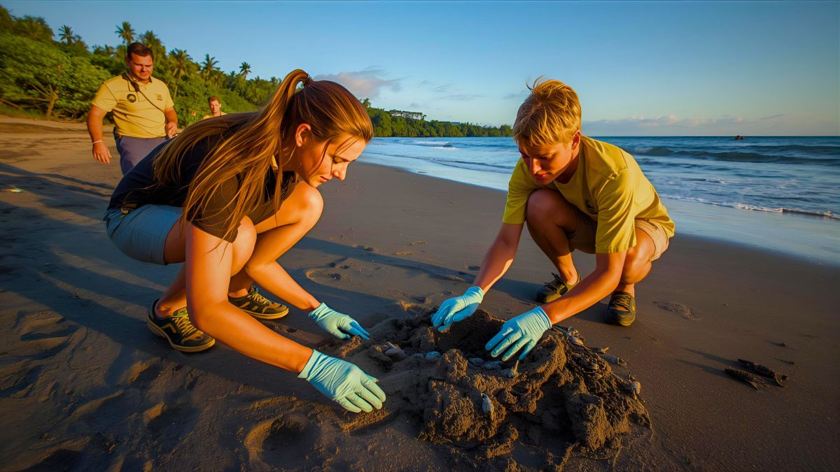Marine conservation volunteers protecting sea turtle nest on pristine Costa Rica beach demonstrating environmental protection and sustainable tourism efforts