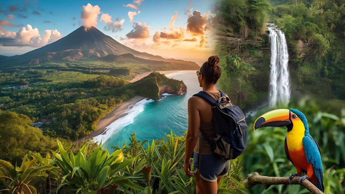 Montage of Costa Rica's must-visit destinations including Arenal volcano, pristine beaches, tropical rainforest and colorful wildlife with traveler exploring paradise landscapes